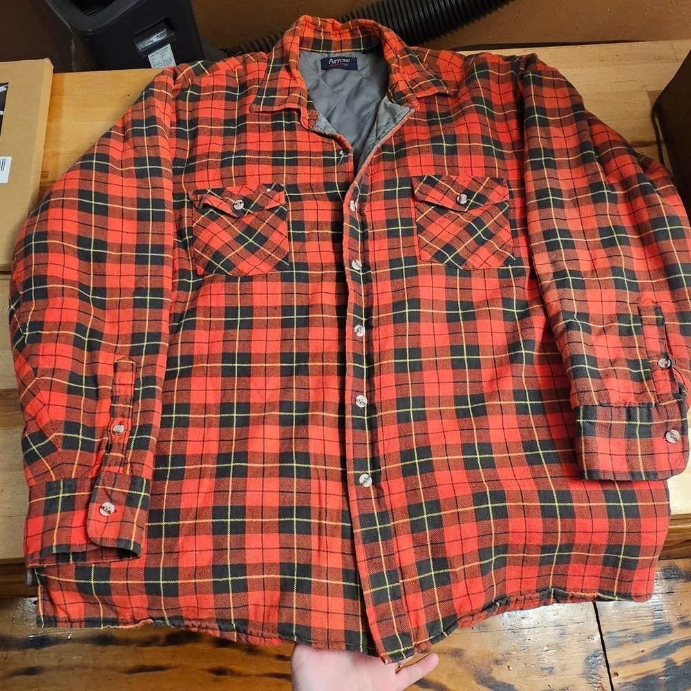 Arrow Sportswear Mens XL Red Black Plaid‎ Quilted Lined Flannel Shirt Jacket